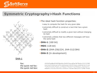 Symmetric Cryptography>Hash Functions
 The ideal hash function properties:
 easy to compute the hash for any given data
 extremely difficult to construct a text that has a given
hash
 extremely difficult to modify a given text without changing
its hash
 extremely unlikely that two different messages will have
the same hash

 SHA-1 (160 bit)
 MD5 (128 bit)
 SHA-2 (SHA-256/224, SHA-512/384)
 SHA-3 (In development)

SHA-1
fox:
the quick red fox:
the quick red box:

ff0f0a8b656f0b44c26933acd2e367b6c1211290
0fa561fd7e9cf714d5f94c422106ec8979c0c147
a6b613310c301411300cc742ac5bf205728b78cb
12

 