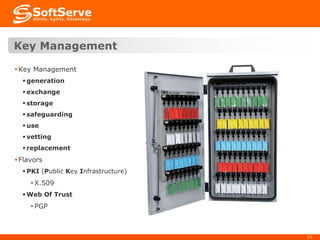 Key Management
 Key Management
 generation
 exchange
 storage
 safeguarding
 use
 vetting
 replacement

 Flavors
 PKI (Public Key Infrastructure)

 X.509
 Web Of Trust

 PGP

23

 