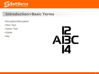 Introduction>Basic Terms
 Encryption/Decryption
 Plain Text
 Cipher Text
 Cipher
 Key

5

 