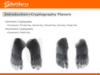 Introduction>Cryptography Flavors
 Symmetric Cryptography
 Synonyms: Private Key, Secret Key, Shared Key, One Key, Single Key

 Asymmetric Cryptography
 Synonyms: Public Key

6

 