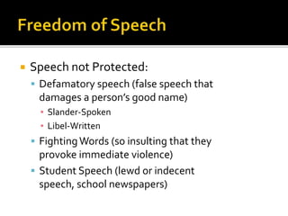 

Speech not Protected:
 Defamatory speech (false speech that

damages a person’s good name)
▪ Slander-Spoken
▪ Libel-Written

 Fighting Words (so insulting that they

provoke immediate violence)
 Student Speech (lewd or indecent
speech, school newspapers)

 