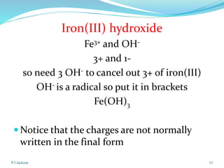 Iron(III) hydroxide
Fe3+ and OH3+ and 1so need 3 OH- to cancel out 3+ of iron(III)
OH- is a radical so put it in brackets
Fe(OH)3
 Notice that the charges are not normally

written in the final form
P J Jackson

13

 