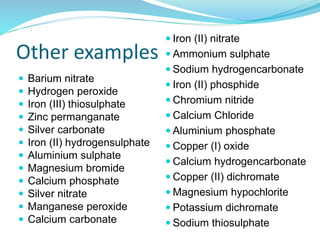 Other examples













Barium nitrate
Hydrogen peroxide
Iron (III) thiosulphate
Zinc permanganate
Silver carbonate
Iron (II) hydrogensulphate
Aluminium sulphate
Magnesium bromide
Calcium phosphate
Silver nitrate
Manganese peroxide
Calcium carbonate

 Iron (II) nitrate
 Ammonium sulphate
 Sodium hydrogencarbonate
 Iron (II) phosphide

 Chromium nitride
 Calcium Chloride
 Aluminium phosphate
 Copper (I) oxide
 Calcium hydrogencarbonate
 Copper (II) dichromate
 Magnesium hypochlorite

 Potassium dichromate
 Sodium thiosulphate

 
