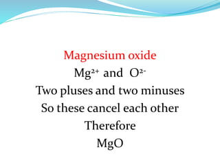 Magnesium oxide
Mg2+ and O2Two pluses and two minuses
So these cancel each other
Therefore
MgO

 