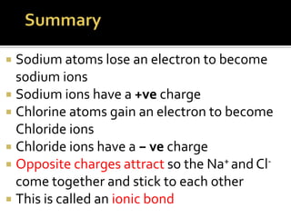 Sodium atoms lose an electron to become
sodium ions
 Sodium ions have a +ve charge
 Chlorine atoms gain an electron to become
Chloride ions
 Chloride ions have a − ve charge
 Opposite charges attract so the Na+ and Clcome together and stick to each other
 This is called an ionic bond


 