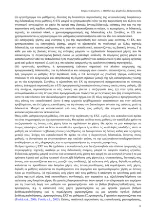 Δπηκέιεηα θεηκέλνπ, Ι. Μπέιινπ ΢ρ. ΢χκβνπινο Πιεξνθνξηθήο
11
(i) νξγαλφγξακκα ηνπ καζήκαηνο, δίλνληαο ηε δπλαηφηεηα παξνπζίαζεο ηεο «ελλνηνινγηθήο δηαθάλεηαο»
ηεο δηδαζθαιίαο ζηνπο καζεηέο. Ο ΔΥ κπνξεί λα ρξεζηκνπνηεζεί ηφζν γηα ηελ παξνπζίαζε ηνπ πιάλνπ ηνπ
γλσζηηθνχ αληηθεηκέλνπ ην νπνίν ζα αθνξά ζηηο βαζηθέο έλλνηεο/δηδαθηηθέο ελφηεηεο φζν θαη γηα ηελ
παξνπζίαζε ελφο ζρεδίνπ καζήκαηνο, ζην νπνίν ζα απεηθνλίδνληαη νη ζηφρνη, ην πεξηερφκελν, νη δηδαθηηθέο
ηερληθέο, ην επνπηηθφ πιηθφ, ν ρξνλνπξνγξακκαηηζκφο ηεο δηδαζθαιίαο θ.ιπ. ΢πλήζσο, νη EX πνπ
ρξεζηκνπνηνχληαη σο νξγαλφγξακκα ηνπ καζήκαηνο θαηαζθεπάδνληαη απφ ηνλ ίδην ηνλ εθπαηδεπηηθφ.
(ii) εηζαγσγηθφο ράξηεο κηαο ελφηεηαο ή γηα ηελ παξνπζίαζε ησλ ελλνηψλ κηαο ελφηεηαο. Ο ΔΥ, πνπ
ρξεζηκνπνηείηαη σο εηζαγσγηθφο ράξηεο, κπνξεί λα αμηνπνηεζεί ζε ζπλδπαζκφ κε άιιεο ηερληθέο
δηδαζθαιίαο θαη θαηαζθεπάδεηαη ζπλήζσο απφ ηνλ εθπαηδεπηηθφ, απεηθνλίδνληαο ηηο βαζηθέο έλλνηεο. Γηα
θάζε κηα απφ ηηο βαζηθέο έλλνηεο ηεο ελφηεηαο κπνξνχλ λα ζρεδηαζηνχλ δηαθνξεηηθνί ράξηεο πνπ ζα
απεηθνλίδνπλ ηε ζπγθεθξηκέλε βαζηθή έλλνηα κε κεγαιχηεξε αλάιπζε. Οη επηκέξνπο ράξηεο κπνξεί λα
θαηαζθεπαζηνχλ απφ ηνλ εθπαηδεπηηθφ ή ζε ζπλεξγαζία καζεηψλ θαη εθπαηδεπηηθνχ ή απφ νκάδεο εξγαζίαο
κεηά απφ κειέηε ζρεηηθνχ πιηθνχ (π.ρ. ζην πιαίζην εθαξκνγήο ηεο νκαδνζπλεξγαηηθήο ζηξαηεγηθήο).
(iii) νξγαλσηήο πξνψζεζεο ή πξννξγαλσηήο (advance organizer) ζην πιαίζην εθαξκνγήο ηεο
πξννξγαλσηηθήο δηδαζθαιίαο, γηα ηε δηδαζθαιία θαη εηζαγσγή λέσλ ελλνηψλ, απεηθνλίδνληαο έλλνηεο πνπ
ήδε γλσξίδνπλ νη καζεηέο. ΢ηελ πεξίπησζε απηή, ν ΔΥ ιεηηνπξγεί σο γλσζηηθή γέθπξα, εηζάγνληαο
ζηαδηαθά ηε λέα πιεξνθνξία θαη επηηξέπνληαο ηε δφκεζε ζρέζεσλ κεηαμχ ηεο ήδε θαηαθηεζείζαο γλψζεο
κε ηε λέα πιεξνθνξία. ΢πλήζσο, ε αμηνπνίεζε ηνπ ΔΥ σο πξννξγαλσηή πξαγκαηνπνηείηαη ζε ηέζζεξηο
θάζεηο: (α) αξρηθά παξνπζηάδεηαη ν ΔΥ (πξννξγαλσηήο) αλαπαξηζηψληαο έλλνηεο νηθείεο ζηνπο καζεηέο, (β)
ζηε ζπλέρεηα, παξνπζηάδνληαη νη λέεο έλλνηεο θαη γίλεηαη ε επεμεξγαζία ηνπο, (γ) ζηελ ηξίηε θάζε
ελζσκαηψλνληαη νη λέεο έλλνηεο ζηνλ πξννξγαλσηή θαη ζπλδένληαη κε ηηο έλλνηεο πνπ ήδε αλαπαξίζηαληαη,
ψζηε λα απνηειέζνπλ έλα λέν αλαδνκεκέλν γλσζηηθφ ζρήκα, θαη (δ) ηέινο εθαξκφδεηαη ν πξννξγαλσηήο ζε
λέεο θάζεηο ηνπ εθπαηδεπηηθνχ έξγνπ ή ζηελ εξκελεία πξνβιεκαηηθψλ θαηαζηάζεσλ θαη ζηελ επίιπζε
πξνβιεκάησλ, θαη (iv) ράξηεο επαλάιεςεο γηα ηε ζχλνςε ησλ βαζηθφηεξσλ ελλνηψλ ηεο ελφηεηαο κεηά ηε
δηδαζθαιία. Μπνξεί λα θαηαζθεπαζηεί απφ ηνπο ίδηνπο ηνπο καζεηέο είηε αηνκηθά είηε νκαδηθά ή
θαηαζθεπάδεηαη απφ ηνλ εθπαηδεπηηθφ.
Όπσο θάζε καζεηνθεληξηθή κέζνδνο, έηζη θαη ζηελ πεξίπησζε ηεο ΔΥΓ, ν ξφινο ηνπ εθπαηδεπηηθνχ πξέπεη
λα είλαη ζπκκεηνρηθφο θαη φρη πξσηαγσληζηηθφο. Θα πξέπεη λα δίλεη ζηνπο καζεηέο ηνλ θαηάιιειν ρξφλν λα
επεμεξγαζηνχλ ηηο έλλνηεο ελφο ράξηε ή/θαη λα ζρεδηάζνπλ ην ράξηε. Θα πξέπεη λα κελ θαηαθεχγεη ζε
έηνηκεο απαληήζεηο αιιά λα ζέηεη ηα θαηάιιεια εξσηήκαηα ή λα δίλεη ηηο θαηάιιειεο ππνδείμεηο, ψζηε νη
καζεηέο λα εληνπίζνπλ ηηο βαζηθέο έλλνηεο ελφο ζέκαηνο, λα δηεπθξηλίζνπλ ηηο έλλνηεο θαζψο θαη ηηο ζρέζεηο
κεηαμχ ηνπο. ΢ηφρνο ηνπ εθπαηδεπηηθνχ ζα πξέπεη λα είλαη ε δηεξεπλεηηθή δηδαζθαιία, δίλνληαο ζηνπο
καζεηέο ηε δπλαηφηεηα λα ελεξγνπνηήζνπλ ηελ «παιηά» γλψζε, λα ηελ εκπινπηίζνπλ/αλαδηνξγαλψζνπλ/
αλαδνκήζνπλ κε λέεο πιεξνθνξίεο θαη λα πξαγκαηνπνηήζνπλ ηηο αλαγθαίεο ζπζρεηίζεηο.
Οη δξαζηεξηφηεηεο ΔΥΓ πνπ ζα ζρεδηάζεη ν εθπαηδεπηηθφο θαη ζα αμηνπνηεζνχλ ζην πιαίζην εθαξκνγήο ηεο
ζπγθεθξηκέλεο ηερληθήο, αλάινγα κε ηνπο δηδαθηηθνχο ζηφρνπο, κπνξεί λα αθνξνχλ πνηθίιεο εξγαζίεο.
Δλδεηθηηθέο εξγαζίεο κπνξεί λα είλαη: (α) θαηαζθεπή ελφο ράξηε πνπ αθνξά ζε κηα θεληξηθή έλλνηα ή ζε κηα
εξψηεζε ή κεηά απφ κειέηε ζρεηηθνχ πιηθνχ, (β) δηφξζσζε ελφο ράξηε (π.ρ. ηξνπνπνηήζεηο, δηαγξαθέο ζηηο
έλλνηεο πνπ απεηθνλίδνληαη θαη ζηηο κεηαμχ ηνπο ζπλδέζεηο), (γ) επέθηαζε ελφο ράξηε, δειαδή νη καζεηέο
θαινχληαη λα πξνζζέζνπλ ζην δνζκέλν ράξηε λέεο έλλνηεο/ζπλδέζκνπο, (δ) ζπκπιήξσζε ελφο ράξηε,
δειαδή νη καζεηέο θαινχληαη λα ζπκπιεξψζνπλ έλα δνκεκέλν θαη εκηζπκπιεξσκέλν ράξηε κε έλλνηεο
ή/θαη κε ζπλδέζκνπο, (ε) ζρνιηαζκφο ελφο ράξηε απφ ηνπο καζεηέο ή απάληεζε ζε εξσηήζεηο κεηά απφ
κειέηε ζρεηηθνχ ράξηε, (ζη) νπνηνζδήπνηε ζπλδπαζκφο ησλ παξαπάλσ π.ρ. αμηνιφγεζε/δηφξζσζε θαη
επέθηαζε ελφο δνζκέλνπ ράξηε. Οη εξγαζίεο δηαθνξνπνηνχληαη φζνλ αθνξά ζηελ πιεξνθνξία πνπ παξέρνπλ
γηα ηε γλσζηηθή δνκή ησλ καζεηψλ θαη ραξαθηεξίδνληαη απφ ην βαζκφ βνήζεηαο/θαζνδήγεζεο πνπ
πξνζθέξνπλ, π.ρ. ε θαηαζθεπή ελφο ράξηε ραξαθηεξίδεηαη σο κηα εξγαζία ρακεινχ βαζκνχ
βνήζεηαο/θαζνδήγεζεο ελψ ε ζπκπιήξσζε ραξαθηεξίδεηαη σο κηα εξγαζία πςεινχ βαζκνχ
βνήζεηαο/θαζνδήγεζεο. Γξαζηεξηφηεηεο ΔΥΓ ζε καζήκαηα Πιεξνθνξηθήο, Γπκλαζίνπ παξνπζηάδνληαη ζηα
(Γνπιή θ.ά., 2006; Γνπιή θ.ά., 2005). Δπίζεο, αλαιπηηθή παξνπζίαζε ηεο ελλνηνινγηθήο ραξηνγξάθεζεο,
 