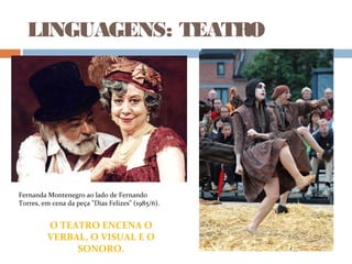 LINGUAGENS: TEATRO
Fernanda Montenegro ao lado de Fernando
Torres, em cena da peça "Dias Felizes" (1985/6).
O TEATRO ENCENA O
VERBAL, O VISUAL E O
SONORO.
 