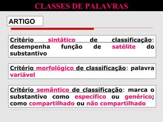 Critério sintático de classificação:
desempenha função de satélite do
substantivo
Critério morfológico de classificação: palavra
variável
ARTIGO
CLASSES DE PALAVRAS
Critério semântico de classificação: marca o
substantivo como específico ou genérico;
como compartilhado ou não compartilhado
 