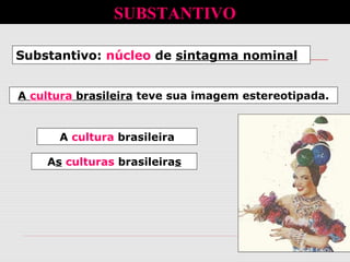 Substantivo: núcleo de sintagma nominal
A cultura brasileira teve sua imagem estereotipada.
A cultura brasileira
culturasAs culturas brasileiras
SUBSTANTIVO
 
