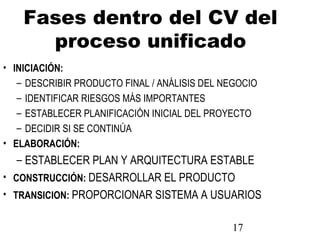 17
Fases dentro del CV del
proceso unificado
• INICIACIÓN:
– DESCRIBIR PRODUCTO FINAL / ANÁLISIS DEL NEGOCIO
– IDENTIFICAR RIESGOS MÁS IMPORTANTES
– ESTABLECER PLANIFICACIÓN INICIAL DEL PROYECTO
– DECIDIR SI SE CONTINÚA
• ELABORACIÓN:
– ESTABLECER PLAN Y ARQUITECTURA ESTABLE
• CONSTRUCCIÓN: DESARROLLAR EL PRODUCTO
• TRANSICION: PROPORCIONAR SISTEMA A USUARIOS
 