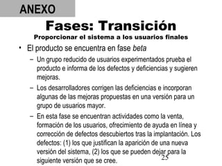 25
Fases: Transición
Proporcionar el sistema a los usuarios finales
• El producto se encuentra en fase beta
– Un grupo reducido de usuarios experimentados prueba el
producto e informa de los defectos y deficiencias y sugieren
mejoras.
– Los desarrolladores corrigen las deficiencias e incorporan
algunas de las mejoras propuestas en una versión para un
grupo de usuarios mayor.
– En esta fase se encuentran actividades como la venta,
formación de los usuarios, ofrecimiento de ayuda en línea y
corrección de defectos descubiertos tras la implantación. Los
defectos: (1) los que justifican la aparición de una nueva
versión del sistema, (2) los que se pueden dejar para la
siguiente versión que se cree.
ANEXO
 