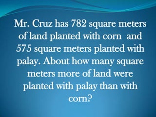 Mr. Cruz has 782 square meters
of land planted with corn and
575 square meters planted with
palay. About how many square
meters more of land were
planted with palay than with
corn?
 