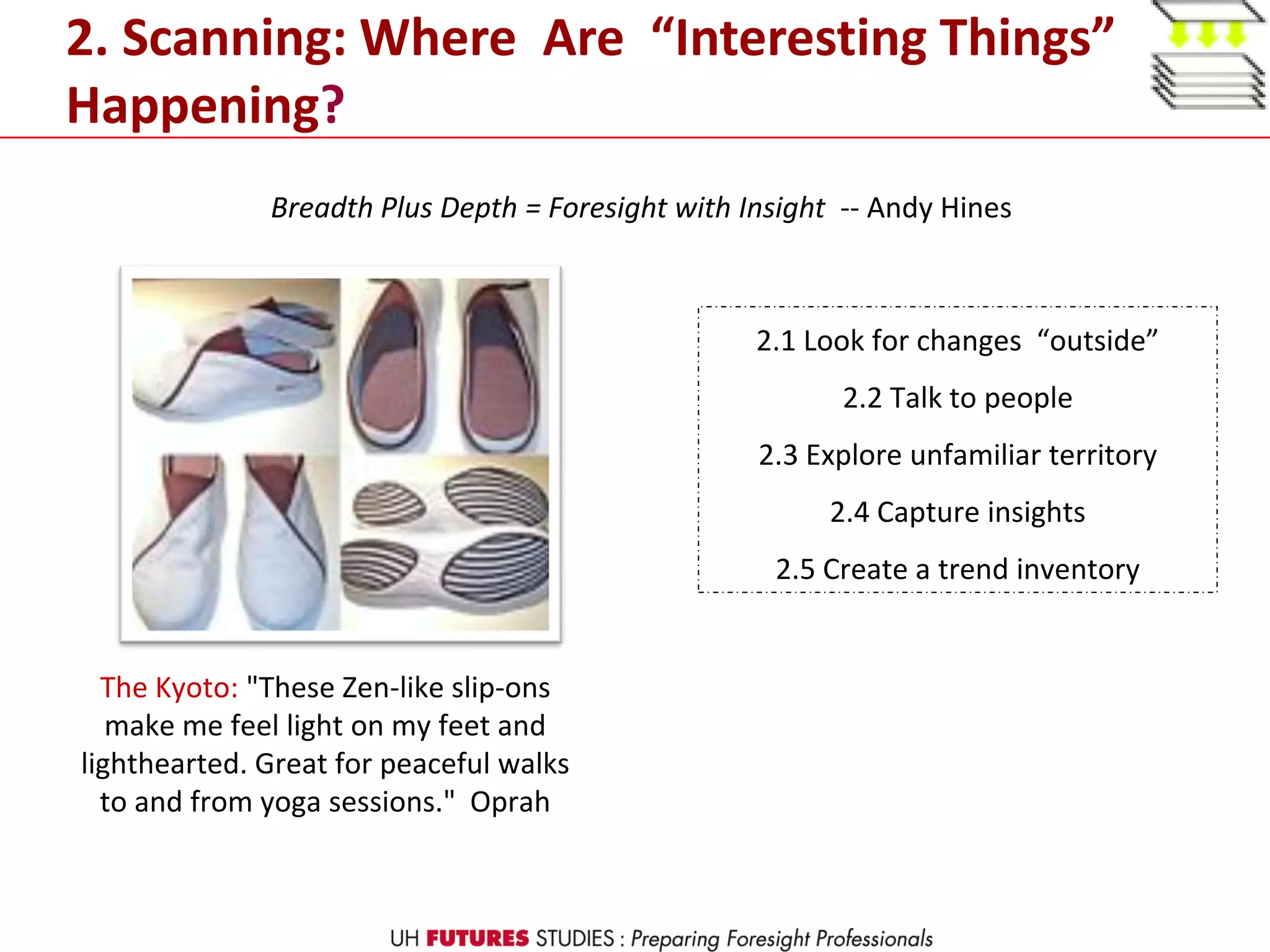 The Kyoto: "These Zen-like slip-ons
make me feel light on my feet and
lighthearted. Great for peaceful walks
to and from yoga sessions." Oprah
2. Scanning: Where Are “Interesting Things”
Happening?
2.1 Look for changes “outside”
2.2 Talk to people
2.3 Explore unfamiliar territory
2.4 Capture insights
2.5 Create a trend inventory
Breadth Plus Depth = Foresight with Insight -- Andy Hines
 