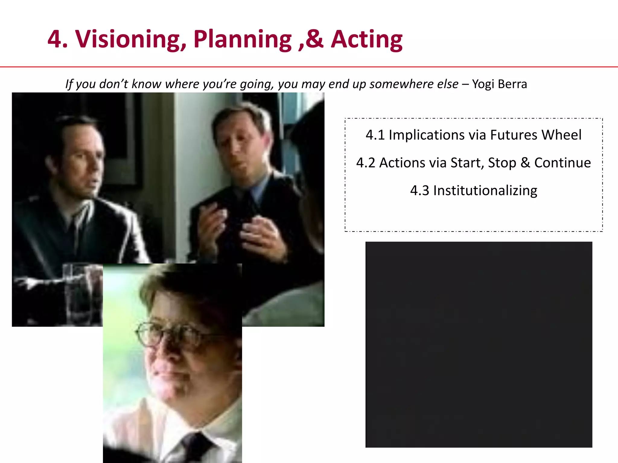 4. Visioning, Planning ,& Acting
4.1 Implications via Futures Wheel
4.2 Actions via Start, Stop & Continue
4.3 Institutionalizing
If you don’t know where you’re going, you may end up somewhere else – Yogi Berra
 