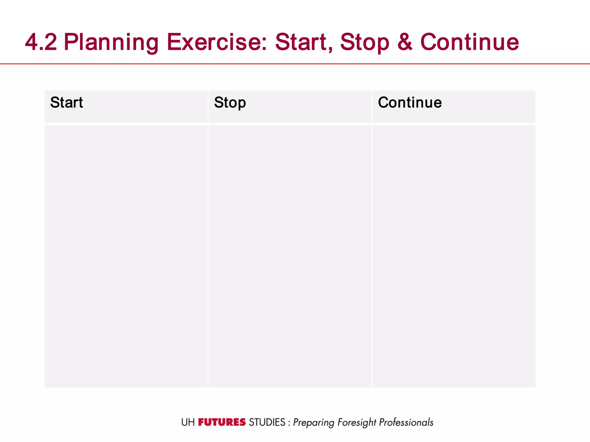 Start Stop Continue
4.2 Planning Exercise: Start, Stop & Continue
 