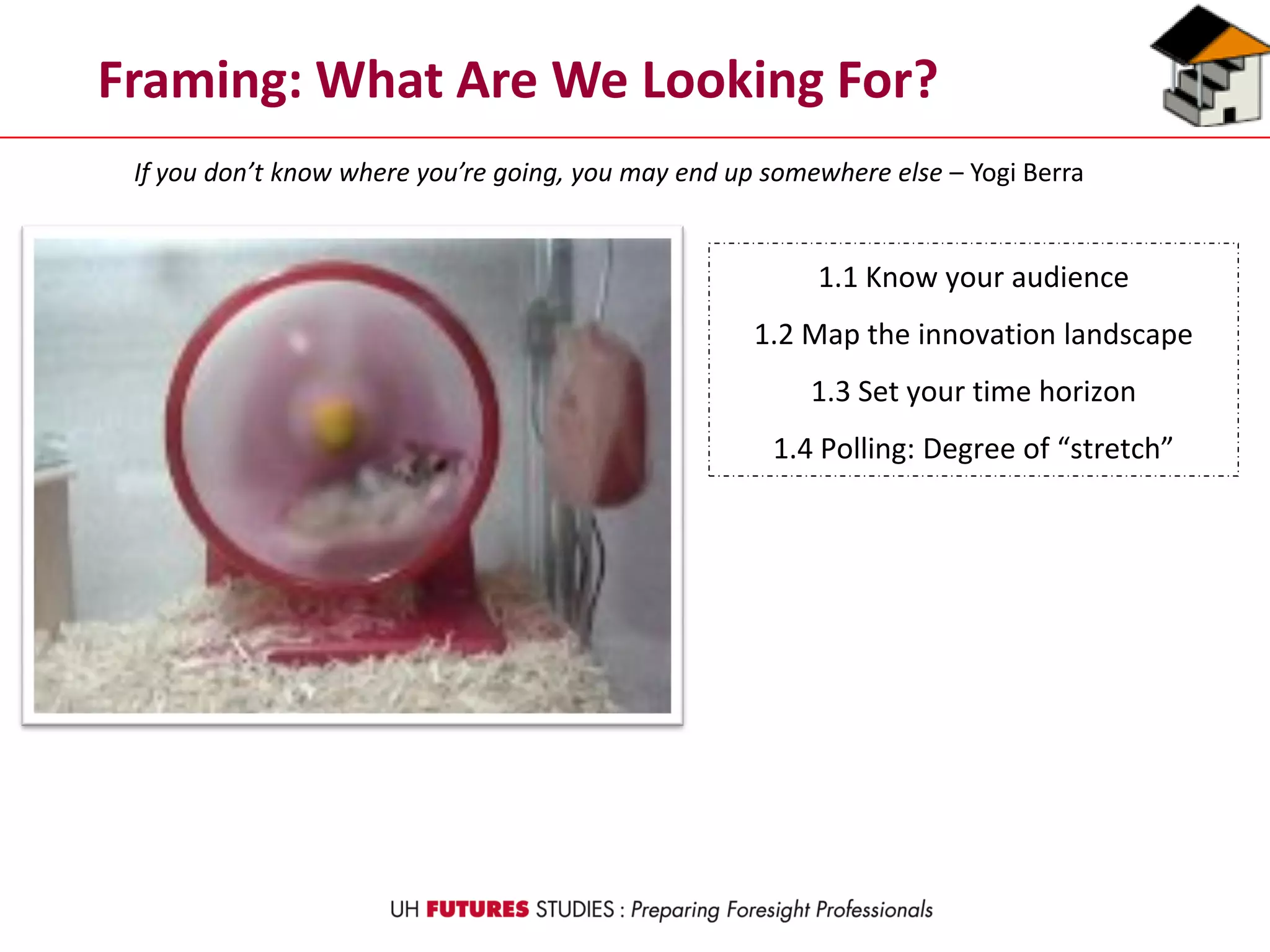 Framing: What Are We Looking For?
1.1 Know your audience
1.2 Map the innovation landscape
1.3 Set your time horizon
1.4 Polling: Degree of “stretch”
If you don’t know where you’re going, you may end up somewhere else – Yogi Berra
 
