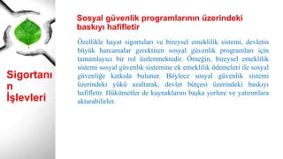 Sigortanı
n
İşlevleri
Özellikle hayat sigortaları ve bireysel emeklilik sistemi, devletin
büyük harcamalar gerektiren sosyal güvenlik programları için
tamamlayıcı bir rol üstlenmektedir. Örneğin, bireysel emeklilik
sistemi sosyal güvenlik sistemine ek emeklilik ödemeleri ile sosyal
güvenliğe katkıda bulunur. Böylece sosyal güvenlik sistemi
üzerindeki yükü azaltarak, devlet bütçesi üzerindeki baskıyı
hafifletir. Hükümetler de kaynaklarını başka yerlere ve yatırımlara
aktarabilirler.
Sosyal güvenlik programlarının üzerindeki
baskıyı hafifletir
 