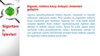 Sigortanı
n
İşlevleri
Sigorta, gerçekleşebilecek riskleri ölçerek, yöneterek ve transfer
edilmesini sağlayarak azaltır. Prim tutarları da öngörülen risklerin
hasar oranlarına göre belirlenir. Sigortacı her riski kabul etmek
zorunda değildir. Kötü riskleri sigortalamayarak ilgilileri daha
dikkatli ve tedbirli olmaya zorlar. Ayrıca bir yıllık sigorta süresi
içerisinde riskin gerçekleşmemiş olması durumunda sonraki yıl
için yapılacak sigorta işlemlerinde primden hasar indirimi yaparak
da sigortalıyı önlem almaya teşvik eder.
Sigorta, risklere karşı önleyici önlemleri
geliştirir
 