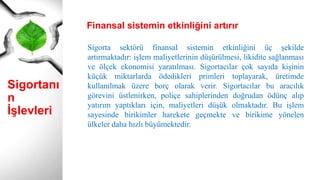 Sigortanı
n
İşlevleri
Sigorta sektörü finansal sistemin etkinliğini üç şekilde
artırmaktadır: işlem maliyetlerinin düşürülmesi, likidite sağlanması
ve ölçek ekonomisi yaratılması. Sigortacılar çok sayıda kişinin
küçük miktarlarda ödedikleri primleri toplayarak, üretimde
kullanılmak üzere borç olarak verir. Sigortacılar bu aracılık
görevini üstlenirken, poliçe sahiplerinden doğrudan ödünç alıp
yatırım yaptıkları için, maliyetleri düşük olmaktadır. Bu işlem
sayesinde birikimler harekete geçmekte ve birikime yönelen
ülkeler daha hızlı büyümektedir.
Finansal sistemin etkinliğini artırır
 