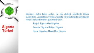 Sigorta
Türleri
Sigortayı farklı bakış açıları ile çok değişik şekillerde türlere
ayırabiliriz. Aşağıdaki ayrımlar, teoride ve uygulamada karşılaşılan
temel sınıflandırmaları göstermektedir:
Sosyal Sigorta-Özel Sigorta
Zorunlu Sigorta-İhtiyari Sigorta
Hayat Sigortası-Hayat Dışı Sigorta
 
