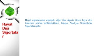 Hayat
Dışı
Sigortala
r
Hayat sigortalarının dışındaki diğer tüm sigorta türleri hayat dışı
branşının altında toplanmaktadır. Yangın, Nakliyat, Sorumluluk
Sigortaları gibi.
 