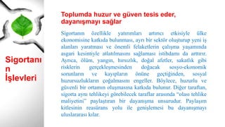 Sigortanı
n
İşlevleri
Sigortanın özellikle yatırımları artırıcı etkisiyle ülke
ekonomisine katkıda bulunması, ayrı bir sektör oluşturup yeni iş
alanları yaratması ve önemli felaketlerin çalışma yaşamında
asgari kesintiyle atlatılmasını sağlaması istihdamı da arttırır.
Ayrıca, ölüm, yangın, hırsızlık, doğal afetler, sakatlık gibi
risklerin gerçekleşmesinden doğacak sosyo-ekonomik
sorunların ve kayıpların önüne geçtiğinden, sosyal
huzursuzlukların çoğalmasını engeller. Böylece, huzurlu ve
güvenli bir ortamın oluşmasına katkıda bulunur. Diğer taraftan,
sigorta aynı tehlikeyi görebilecek taraflar arasında “olası tehlike
maliyetini” paylaştıran bir dayanışma unsurudur. Paylaşım
kitlesinin reasürans yolu ile genişlemesi bu dayanışmayı
uluslararası kılar.
Toplumda huzur ve güven tesis eder,
dayanışmayı sağlar
 