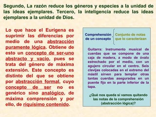 Segundo, La razón reduce los géneros y especies a la unidad de
las ideas ejemplares. Tercero, la inteligencia reduce las ideas
ejemplares a la unidad de Dios.
Lo que hace el Eurígena es
suprimir las diferencias por
medio de una abstracción
puramente lógica. Obtiene de
esto un concepto de ser-uno
abstracto y vacío, pues se
trata del género de máxima
extensión. Este concepto es
distinto del que se obtiene
por abstracción formal, cuyo
concepto de ser no es
genérico sino analógico, de
máxima comprensión y por
ello, de riquísimo contenido.
Comprehensión
de un concepto
Conjunto de notas
que lo caracterizan
Guitarra: Instrumento musical de
cuerdas que se compone de una
caja de madera, a modo de óvalo
estrechado por el medio, con un
agujero circular en el centro. Seis
clavijas colocadas en el extremo del
mástil sirven para templar otras
tantas cuerdas aseguradas en un
puente fijo en la parte inferior de la
tapa.
¿Qué nos queda si vamos quitando
las notas de la comprehensión
(abstracción lógica)?
 