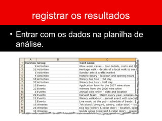 registrar os resultados
• Entrar com os dados na planilha de
análise.
 