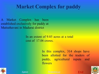 Market Complex for paddy
Next Previous End
A Market Complex has been
established exclusively for paddy at
Mattuthavani in Madurai district
In an extent of 9.85 acres at a total
cost of 17.06 crores.
In this complex, 314 shops have
been allotted for the traders of
paddy, agricultural inputs and
flowers
 