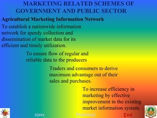 MARKETING RELATED SCHEMES OF
GOVERNMENT AND PUBLIC SECTOR
Next Previous End
Agricultural Marketing Information Network
To establish a nationwide information
network for speedy collection and
dissemination of market data for its
efficient and timely utilization.
To ensure flow of regular and
reliable data to the producers
Traders and consumers to derive
maximum advantage out of their
sales and purchases.
To increase efficiency in
marketing by effective
improvement in the existing
market information system.
 