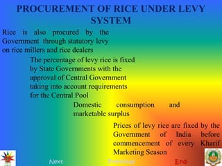 PROCUREMENT OF RICE UNDER LEVY
SYSTEM
Next Previous End
Rice is also procured by the
Government through statutory levy
on rice millers and rice dealers
The percentage of levy rice is fixed
by State Governments with the
approval of Central Government
taking into account requirements
for the Central Pool
Domestic consumption and
marketable surplus
Prices of levy rice are fixed by the
Government of India before
commencement of every Kharif
Marketing Season
 