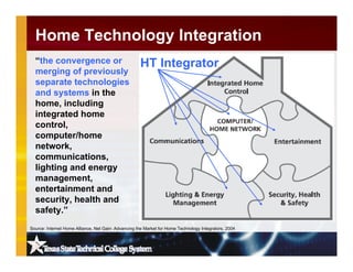 Home Technology Integration
Source: Internet Home Alliance, Net Gain: Advancing the Market for Home Technology Integrators, 2004
“the convergence or
merging of previously
separate technologies
and systems in the
home, including
integrated home
control,
computer/home
network,
communications,
lighting and energy
management,
entertainment and
security, health and
safety.”
HT Integrator
 
