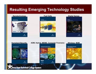 Nanotechnology Fuel Cells Digital Games
Homeland Security ADM, Hybrid, MEMS, Computer Forensics Wireless: M2M
Resulting Emerging Technology Studies
 