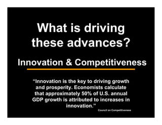 What is driving
these advances?
Innovation & Competitiveness
“Innovation is the key to driving growth
and prosperity. Economists calculate
that approximately 50% of U.S. annual
GDP growth is attributed to increases in
innovation.”
Council on Competitiveness
 