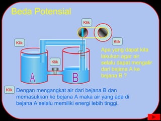 Beda Potensial
Klik Klik
Klik
Apa yang dapat kita
lakukan agar air
selalu dapat mengalir
dari bejana A ke
bejana B ?
Klik
Klik Dengan mengangkat air dari bejana B dan
memasukkan ke bejana A maka air yang ada di
bejana A selalu memiliki energi lebih tinggi.
 