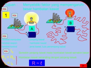 Tujuan : Menyelidiki faktor yang mempengaruhi
besar hambatan kawat
1
Variabel manipulasi : panjang kawat
Variabel respon : hambatan kawat
Variabel kontrol : jenis kawat, luas penampang kawat
A
B
IA > IB
RA < RB
lA < lB
Semakin panjang kawat maka hambatan kawat semakin besar
R ~ ℓ
Hambatan kawat sebanding dengan panjang kawat.
Klik
Klik
Klik
Klik
 