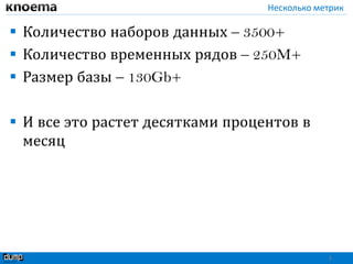 Несколько метрик
 Количество наборов данных – 3500+
 Количество временных рядов – 250M+
 Размер базы – 130Gb+
 И все это растет десятками процентов в
месяц
3
 