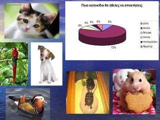Ποιο κατοικίδιο θα ήθελες να αποκτήσεις;
8%
72%
8%
4% 4% 4%
γάτα
σκύλο
Χελώνα
παπια
παπαγαλάκι
Χαμστερ
 