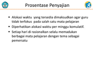 Prosentase Penyajian
 Alokasi waktu yang tersedia dimaksudkan agar guru
tidak terfokus pada salah satu mata pelajaran
 Diperhatikan alokasi waktu per minggu komulatif.
 Setiap hari di rasionalkan selalu memadukan
berbagai mata pelajaran dengan tema sebagai
pemersatu
 