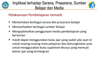 Implikasi terhadap Sarana, Prasarana, Sumber
Belajar dan Media
Pelaksanaan Pembelajaran tematik
 Memerlukan berbagai sarana dan prasarana belajar
 Memanfaatkan berbagai sumber belajar
 Mengoptimalkan penggunaan media pembelajaran yang
bervariasi
 masih dapat menggunakan buku ajar yang sudah ada saat ini
untuk masing-masing mata pelajaran dan dimungkinkan pula
untuk menggunakan buku suplemen khusus yang memuat
bahan ajar yang terintegrasi
 