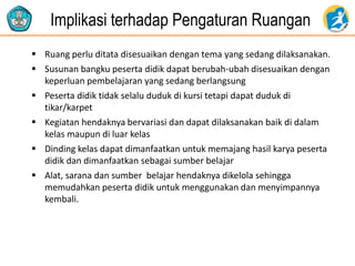 Implikasi terhadap Pengaturan Ruangan
 Ruang perlu ditata disesuaikan dengan tema yang sedang dilaksanakan.
 Susunan bangku peserta didik dapat berubah-ubah disesuaikan dengan
keperluan pembelajaran yang sedang berlangsung
 Peserta didik tidak selalu duduk di kursi tetapi dapat duduk di
tikar/karpet
 Kegiatan hendaknya bervariasi dan dapat dilaksanakan baik di dalam
kelas maupun di luar kelas
 Dinding kelas dapat dimanfaatkan untuk memajang hasil karya peserta
didik dan dimanfaatkan sebagai sumber belajar
 Alat, sarana dan sumber belajar hendaknya dikelola sehingga
memudahkan peserta didik untuk menggunakan dan menyimpannya
kembali.
 