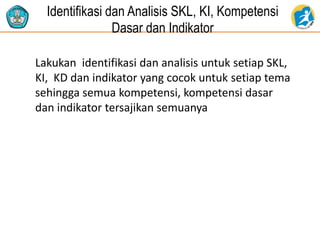 Identifikasi dan Analisis SKL, KI, Kompetensi
Dasar dan Indikator
Lakukan identifikasi dan analisis untuk setiap SKL,
KI, KD dan indikator yang cocok untuk setiap tema
sehingga semua kompetensi, kompetensi dasar
dan indikator tersajikan semuanya
 