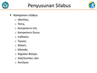 Penyusunan Silabus
 Komponen silabus
o Identitas,
o Tema,
o Kompetensi Inti,
o Kompetensi Dasar,
o Indikator,
o Tujuan,
o Materi,
o Metode,
o Kegiatan Belajar,
o Alat/Sumber, dan
o Penilaian
 