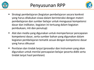 Penyusunan RPP
 Strategi pembelajaran (kegiatan pembelajaran secara konkret
yang harus dilakukan siswa dalam berinteraksi dengan materi
pembelajaran dan sumber belajar untuk menguasai kompetensi
dasar dan indikator, kegiatan ini tertuang dalam kegiatan
pembukaan, inti dan penutup)
 Alat dan media yang digunakan untuk memperlancar pencapaian
kompetensi dasar, serta sumber bahan yang digunakan dalam
kegiatan pembelajaran tematik sesuai dengan kompetensi dasar
yang harus dikuasai
 Penilaian dan tindak lanjut (prosedur dan instrumen yang akan
digunakan untuk menilai pencapaian belajar peserta didik serta
tindak lanjut hasil penilaian)
 