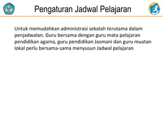 Pengaturan Jadwal Pelajaran
Untuk memudahkan administrasi sekolah terutama dalam
penjadwalan. Guru bersama dengan guru mata pelajaran
pendidikan agama, guru pendidikan Jasmani dan guru muatan
lokal perlu bersama-sama menyusun Jadwal pelajaran
 
