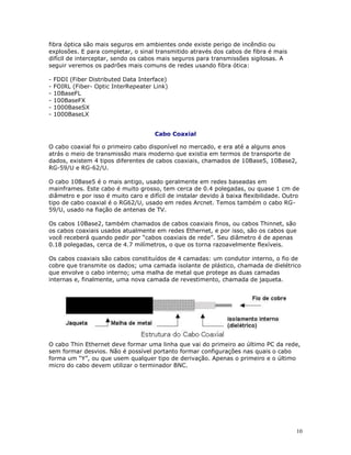 10
fibra óptica são mais seguros em ambientes onde existe perigo de incêndio ou
explosões. E para completar, o sinal transmitido através dos cabos de fibra é mais
difícil de interceptar, sendo os cabos mais seguros para transmissões sigilosas. A
seguir veremos os padrões mais comuns de redes usando fibra ótica:
- FDDI (Fiber Distributed Data Interface)
- FOIRL (Fiber- Optic InterRepeater Link)
- 10BaseFL
- 100BaseFX
- 1000BaseSX
- 1000BaseLX
Cabo Coaxial
O cabo coaxial foi o primeiro cabo disponível no mercado, e era até a alguns anos
atrás o meio de transmissão mais moderno que existia em termos de transporte de
dados, existem 4 tipos diferentes de cabos coaxiais, chamados de 10Base5, 10Base2,
RG-59/U e RG-62/U.
O cabo 10Base5 é o mais antigo, usado geralmente em redes baseadas em
mainframes. Este cabo é muito grosso, tem cerca de 0.4 polegadas, ou quase 1 cm de
diâmetro e por isso é muito caro e difícil de instalar devido à baixa flexibilidade. Outro
tipo de cabo coaxial é o RG62/U, usado em redes Arcnet. Temos também o cabo RG-
59/U, usado na fiação de antenas de TV.
Os cabos 10Base2, também chamados de cabos coaxiais finos, ou cabos Thinnet, são
os cabos coaxiais usados atualmente em redes Ethernet, e por isso, são os cabos que
você receberá quando pedir por “cabos coaxiais de rede”. Seu diâmetro é de apenas
0.18 polegadas, cerca de 4.7 milímetros, o que os torna razoavelmente flexíveis.
Os cabos coaxiais são cabos constituídos de 4 camadas: um condutor interno, o fio de
cobre que transmite os dados; uma camada isolante de plástico, chamada de dielétrico
que envolve o cabo interno; uma malha de metal que protege as duas camadas
internas e, finalmente, uma nova camada de revestimento, chamada de jaqueta.
O cabo Thin Ethernet deve formar uma linha que vai do primeiro ao último PC da rede,
sem formar desvios. Não é possível portanto formar configurações nas quais o cabo
forma um “Y”, ou que usem qualquer tipo de derivação. Apenas o primeiro e o último
micro do cabo devem utilizar o terminador BNC.
 
