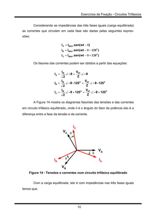 Exercícios de Fixação - Circuitos Trifásicos
10
Considerando as impedâncias das três fases iguais (carga equilibrada)
as correntes que circulam em cada fase são dadas pelas seguintes expres-
sões:
)wt(sen.Ii
)wt(sen.Ii
)wt(sen.II
MAXC
MAXB
MAXA
0
0
120
120
+θ−=
−θ−=
θ−=
Os fasores das correntes podem ser obtidos a partir das equações:
0EF0M
C
0EF0M
B
EFM
A
120θ-
Z
V
120θ-
2
I
I
120-θ-
Z
V
120-θ-
2
I
I
θ-
Z
V
θ-
2
I
I
+∠=+∠=
∠=∠=
∠=∠=
A Figura 14 mostra os diagramas fasoriais das tensões e das correntes
em circuito trifásico equilibrado, onde θ é o ângulo do fator de potência isto é a
diferença entre a fase da tensão e da corrente.
VA
VB
VC
IA
IC
IB
θ
θ
θ
Figura 14 - Tensões e correntes num circuito trifásico equilibrado
Com a carga equilibrada, isto é com impedâncias nas três fases iguais
temos que:
 