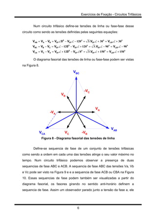 Exercícios de Fixação - Circuitos Trifásicos
6
Num circuito trifásico define-se tensões de linha ou fase-fase desse
circuito como sendo as tensões definidas pelas seguintes equações:
000
000
000
1501503012
9090312012
30303120
+∠=+∠=∠−+∠=−=
−∠=−∠=+∠−−∠=−=
+∠=+∠=−∠−∠=−=
LEFEFEF
0
EFACCA
LEFEFEF
0
EFCBBC
LEFEFEF
0
EFBAAB
VV.V0VVVV
VV.V0VVVV
VV.V0VVVV
O diagrama fasorial das tensões de linha ou fase-fase podem ser vistas
na Figura 8.
VA
VB
VC -VB
-VA
-VC
VAB
VCA
VBC
Figura 8 - Diagrama fasorial das tensões de linha
Define-se sequencia de fase de um conjunto de tensões trifásicas
como sendo a ordem em cada uma das tensões atinge o seu valor máximo no
tempo. Num circuito trifásico podemos observar a presença de duas
sequencias de fase ABC e ACB. A sequencia de fase ABC das tensões Va, Vb
e Vc pode ser visto na Figura 9 e e a sequencia de fase ACB ou CBA na Figura
10. Essas sequencias de fase podem também ser visualizadas a partir do
diagrama fasorial, os fasores girando no sentido anti-horário definem a
sequencia de fase. Assim um observador parado junto a tensão da fase a, ele
 