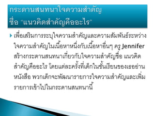  เพื่อเสริมการระบุใจความสาคัญและความสัมพันธ์ระหว่าง
ใจความสาคัญในเนื้อหาหนึ่งกับเนื้อหาอื่นๆ ครู Jennifer
สร้างกระดานสนทนาเกี่ยวกับใจความสาคัญชื่อ แนวคิด
สาคัญคืออะไร โดยแต่ละครั้งที่เด็กในชั้นเรียนของเธออ่าน
หนังสือ พวกเด็กจะพัฒนารายการใจความสาคัญและเพิ่ม
รายการเข้าไปในกระดานสนทนานี้
 