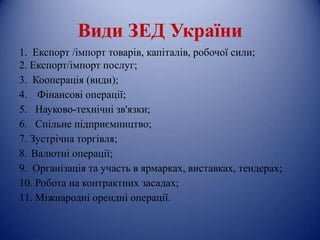 Види ЗЕД України
1. Експорт /імпорт товарів, капіталів, робочої сили;
2. Експорт/імпорт послуг;
3. Кооперація (види);
4. Фінансові операції;
5. Науково-технічні зв'язки;
6. Спільне підприємництво;
7. Зустрічна торгівля;
8. Валютні операції;
9. Організація та участь в ярмарках, виставках, тендерах;
10. Робота на контрактних засадах;
11. Міжнародні орендні операції.
 